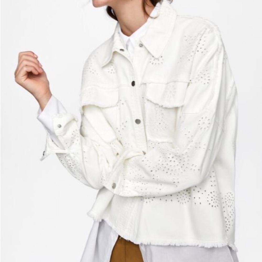 Zara White Denim Embroidered Floral Button Front Shirt Jacket Shacket